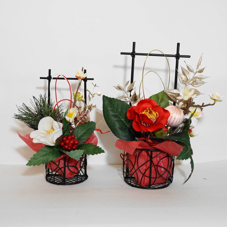 椿アレンジ お正月飾り 造花 アーティフィシャルフラワー 3448