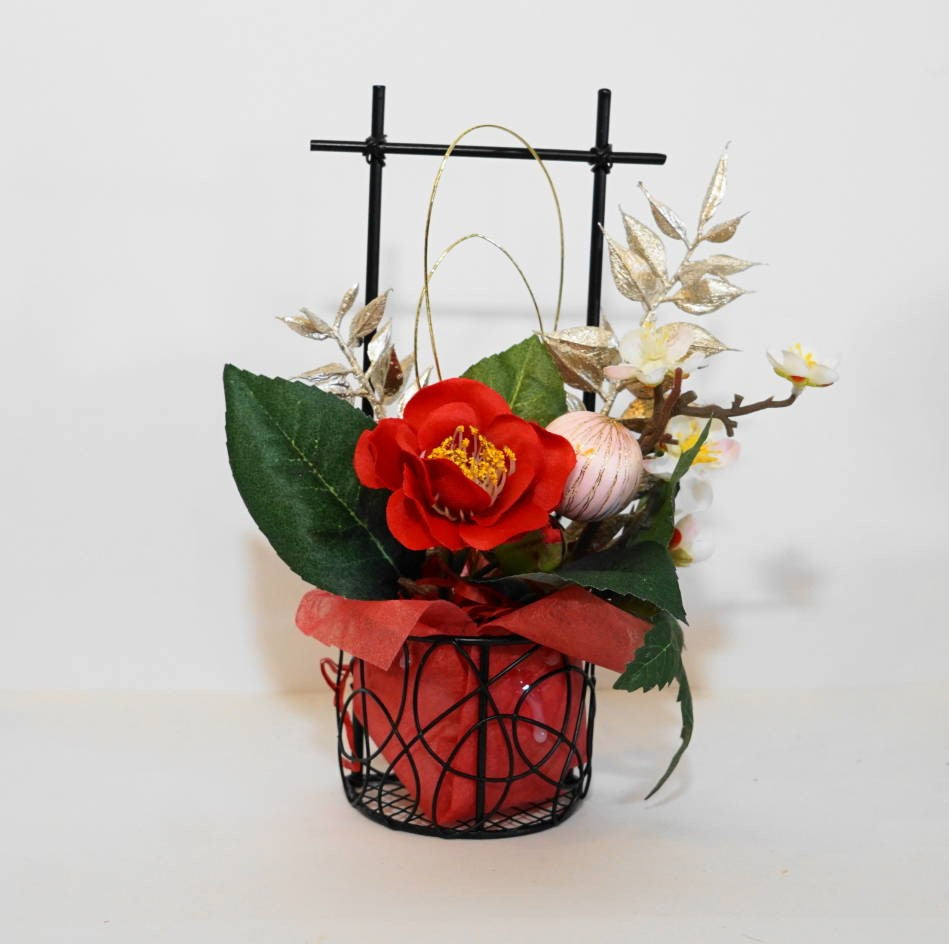 椿アレンジ お正月飾り 造花 アーティフィシャルフラワー 3448