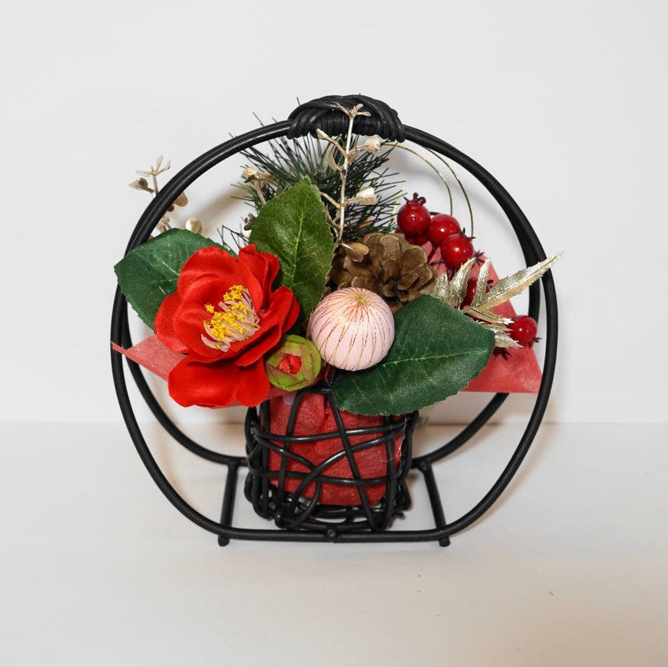 ハンドメイドアーティフィシャルフラワー　お正月飾りマム椿アレンジポット14 椿アレンジ お正月飾り 造花 アーティフィシャルフラワー 3520