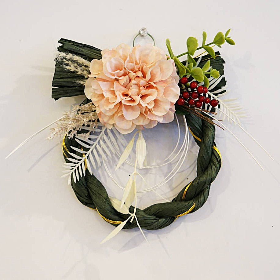 正月飾り しめ縄 おしゃれ グリーンしめ縄14cm ぼたん/ピオニー 造花