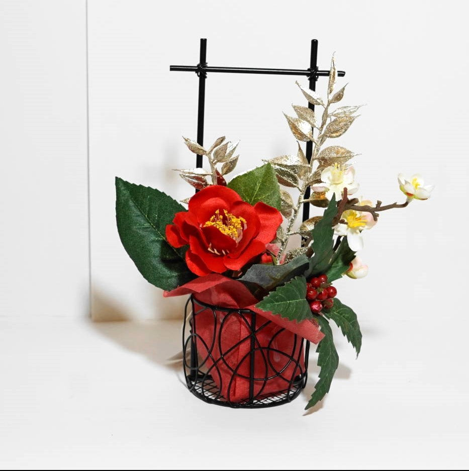 椿アレンジ お正月飾り 造花 アーティフィシャルフラワー 3448