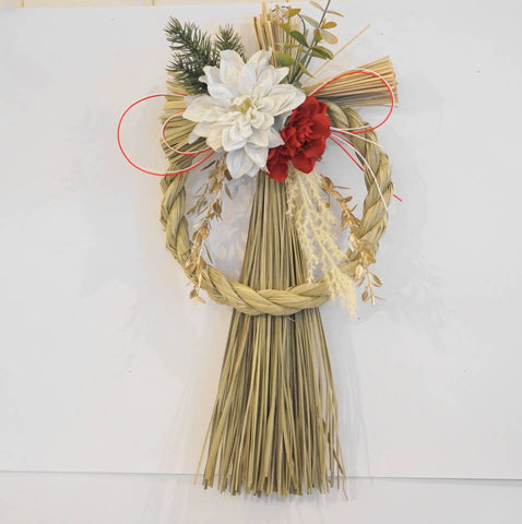 正月飾り しめ縄 おしゃれ　ホワイトダリア　H37cm 　造花　5560