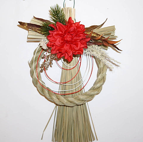 正月飾り しめ縄 おしゃれ　H27cm　レッドダリア　造花　5631