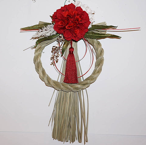 正月飾り しめ縄 おしゃれ　レッドダリア＋あじさい　H37cm 　造花　5654