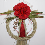 正月飾り しめ縄 おしゃれ　レッドダリア＋あじさい　H37cm 　造花　5654